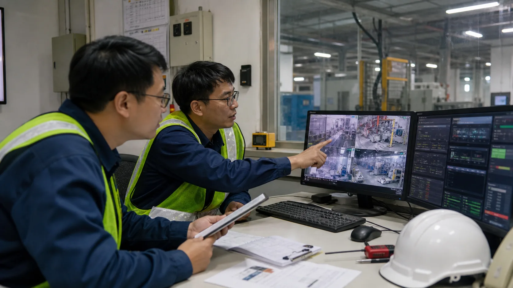 Engineers reviewing factory camera feeds and AI readings in a control room